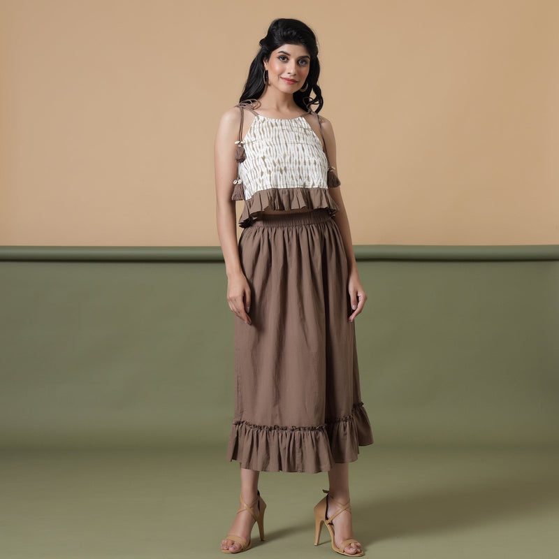 Front View of a Model wearing Taupe Cotton Mid-Rise Ruffled Elasticated Midi Skirt