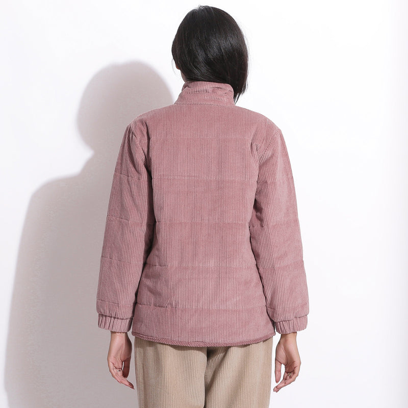 Back View of a Model wearing Mauve Corduroy Quilted Puffer Jacket