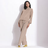 Front View of a Model wearing Taupe Beige Corduroy High Neck Top