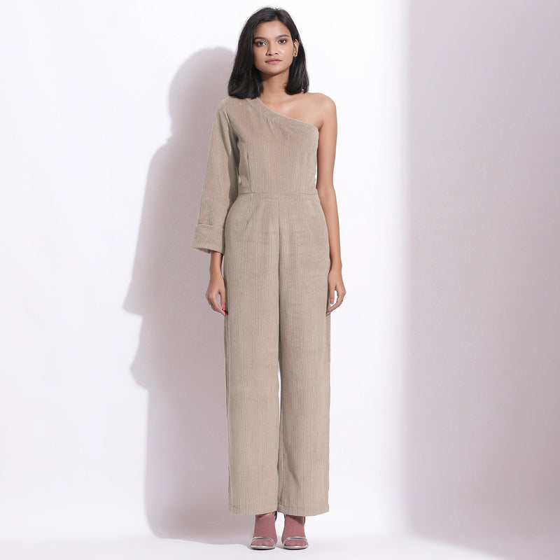 Front View of a Model wearing Taupe Beige Corduroy One-Shoulder Jumpsuit