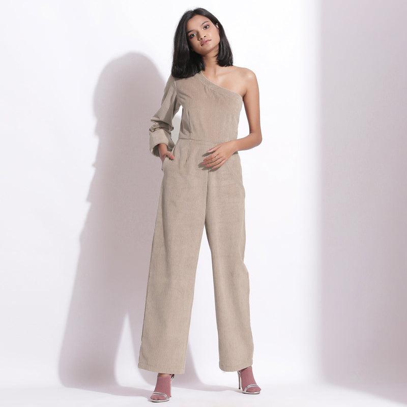 Front View of a Model wearing Taupe Beige Corduroy One-Shoulder Jumpsuit