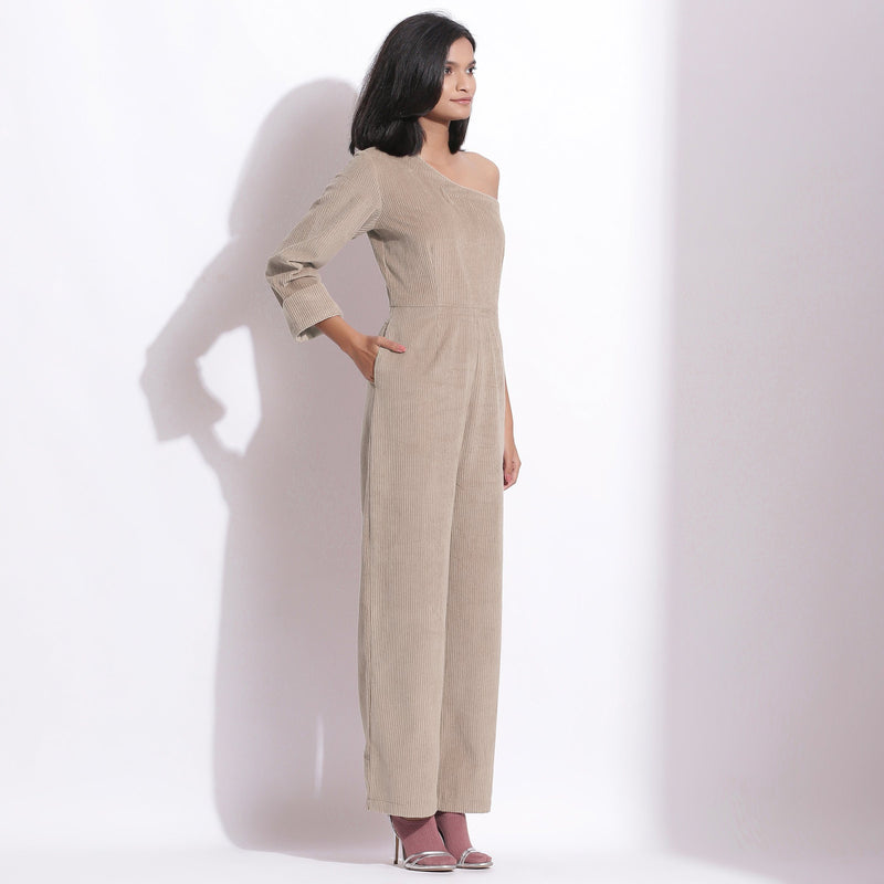Right View of a Model wearing Taupe Beige Corduroy One-Shoulder Jumpsuit