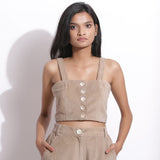 Front View of a Model wearing Taupe Beige Cotton Corduroy Crop Top