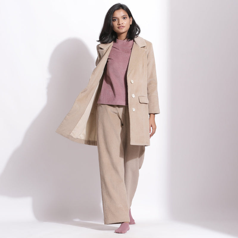 Front View of a Model wearing Taupe Beige Warm Cotton Corduroy Single-Breasted Coat