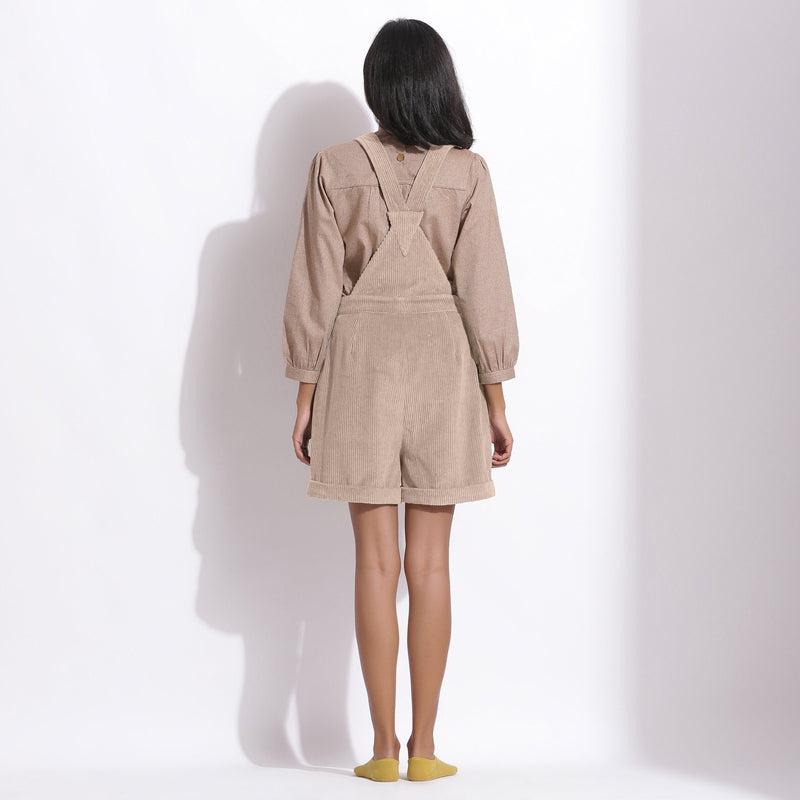 Back View of a Model wearing Taupe Beige Cotton Corduroy Short Dungaree