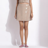Front View of a Model wearing Taupe Beige Warm Cotton Corduroy Short Overlap Skirt