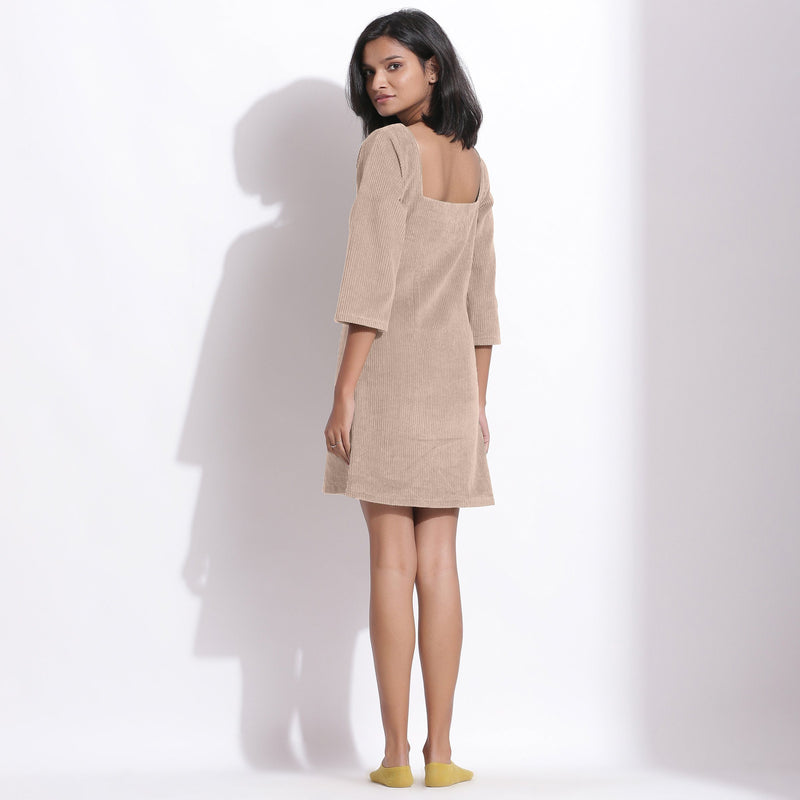 Back View of a Model wearing Taupe Beige Cotton Corduroy Square Neck Dress