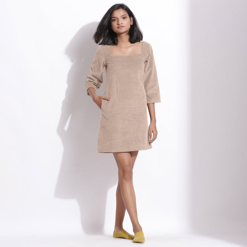 Front View of a Model wearing Taupe Beige Cotton Corduroy Square Neck Dress
