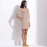 Right View of a Model wearing Taupe Beige Cotton Corduroy Square Neck Dress