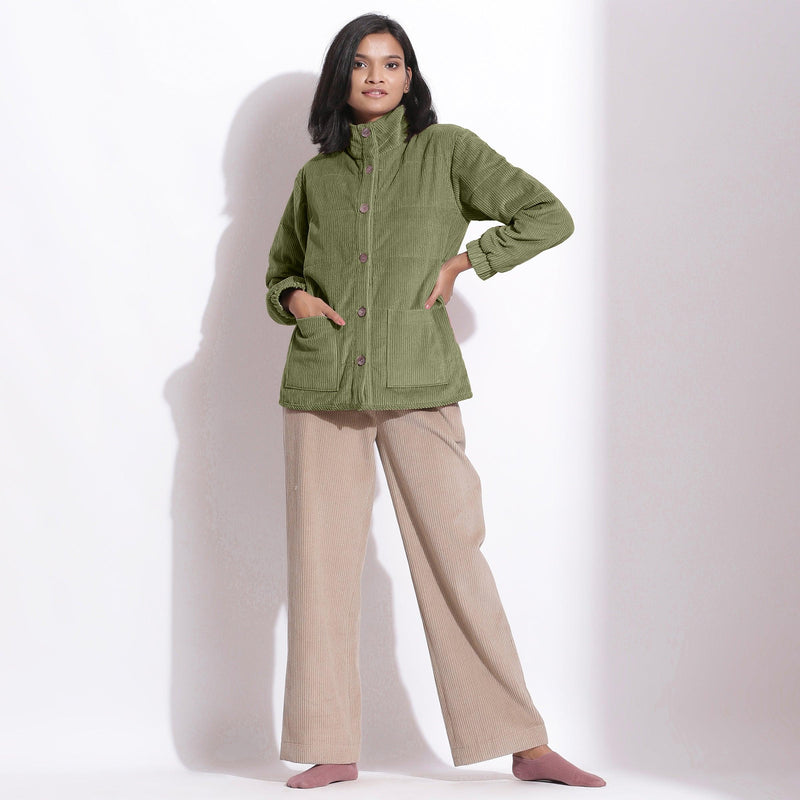 Front View of a Model wearing Taupe Beige Pant and Puffer Jacket Set
