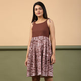 Front View of a Model wearing Taupe Shibori Tie-Dye Cotton Gathered Short Dress