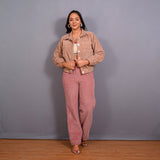 Front View of a Model wearing Taupe Warm Cotton Corduroy Short Bomber Jacket