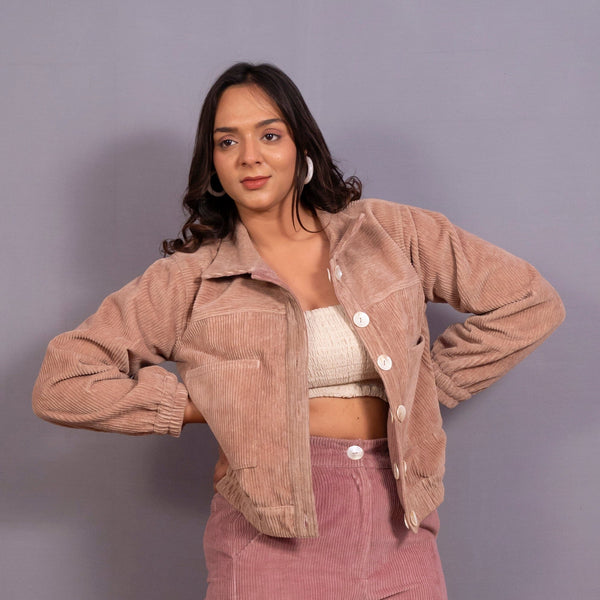 Front View of a Model wearing Taupe Warm Cotton Corduroy Short Bomber Jacket