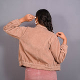 Back View of a Model wearing Taupe Warm Cotton Corduroy Short Bomber Jacket