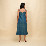 Back View of a Model wearing Teal 100% Cotton Khadi A-Line Dress