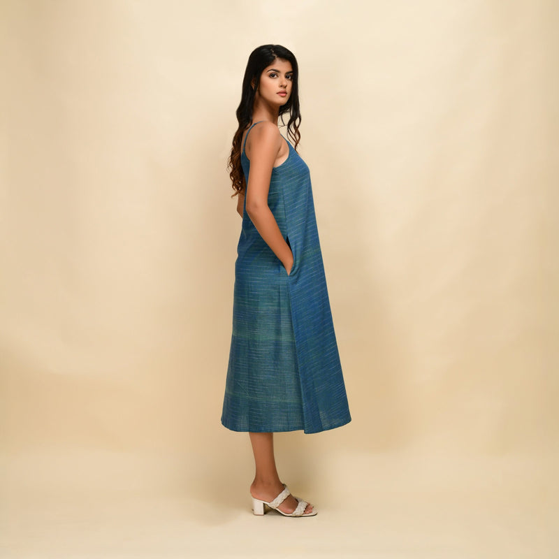 Right View of a Model wearing Teal 100% Cotton Khadi A-Line Dress