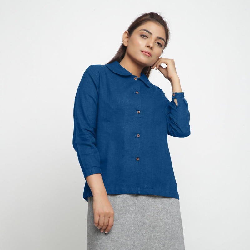 Right View of a Model wearing Teal 100% Cotton Peter Pan Collar Shirt