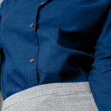 Close View of a Model wearing Teal 100% Cotton Peter Pan Collar Shirt