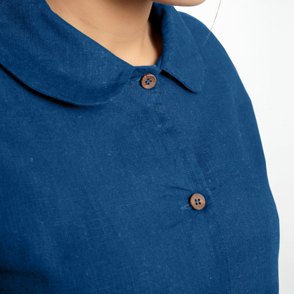 Front Detail of a Model wearing Teal 100% Cotton Peter Pan Collar Shirt