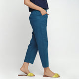 Right View of a Model wearing Teal 100% Cotton Elasticated Mid-Rise Chinos