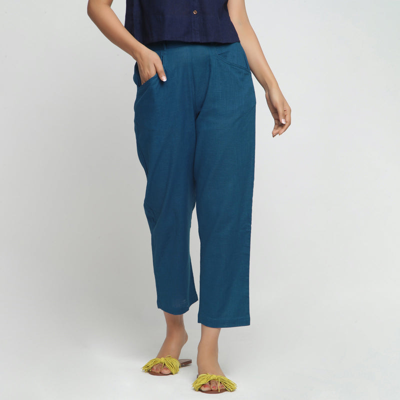 Front View of a Model wearing Teal 100% Cotton Elasticated Mid-Rise Chinos