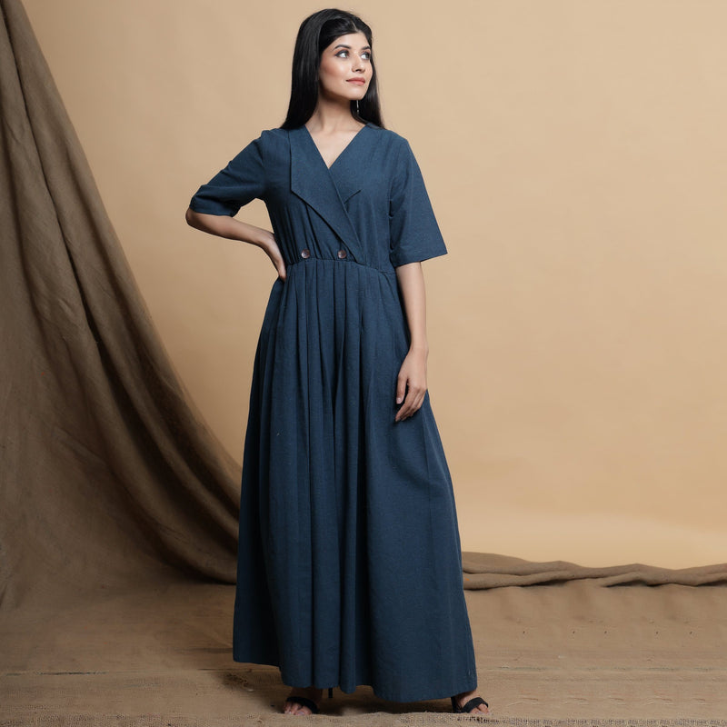 Front View of a Model wearing Teal Blue Lapel Collar Pleated Jumpsuit