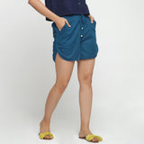 Right View of a Model wearing Teal Blue Low Rise Short Cotton Shorts