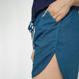 Left Detail of a Model wearing Teal Blue Low Rise Short Cotton Shorts