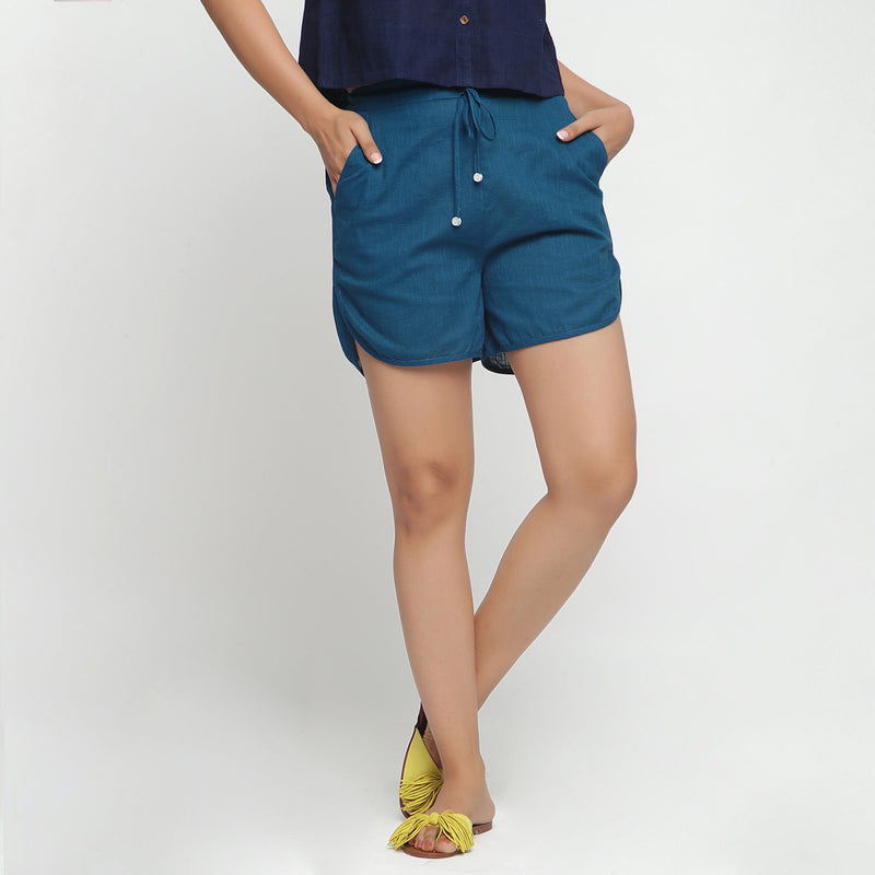 Front View of a Model wearing Teal Blue Low Rise Short Cotton Shorts