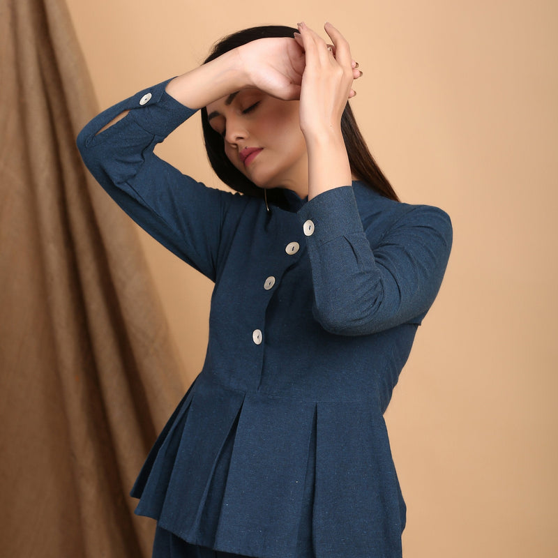 Left View of a Model wearing Teal Blue Standing Collar Shirt