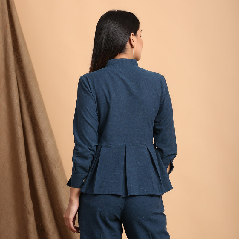 Back View of a Model wearing Teal Blue Standing Collar Shirt