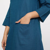 Front Detail of a Model wearing Teal Blue Yoked Cotton Tunic Dress