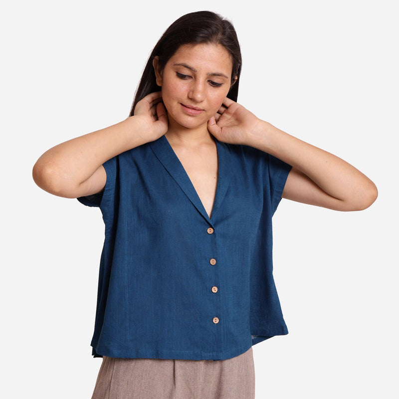 Front View of a Model wearing Teal Deep Neck Button-Down Cotton Top