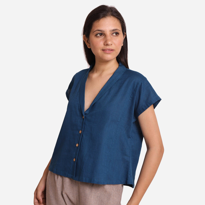 Left View of a Model wearing Teal Deep Neck Button-Down Cotton Top