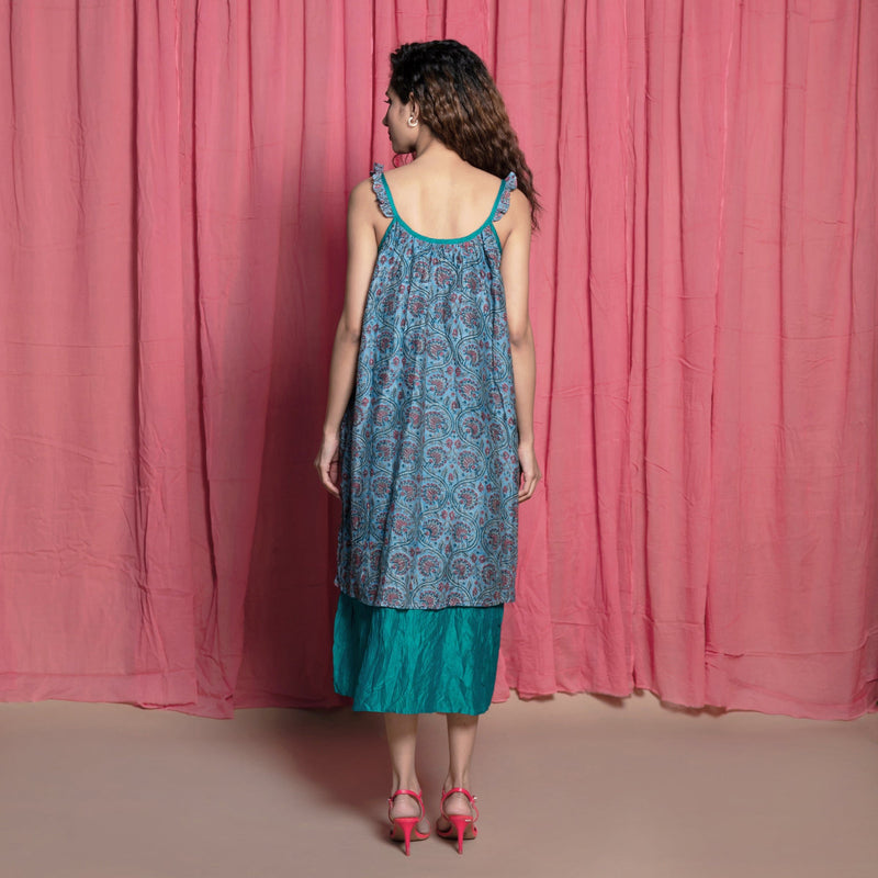 Back View of a Model wearing Teal Chanderi Block Print Tent Dress