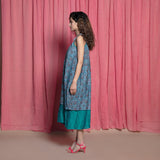 Left View of a Model wearing Teal Cotton Chanderi Block Print Midi Tent Dress