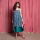 Front View of a Model wearing Teal Cotton Chanderi Block Print Midi Tent Dress