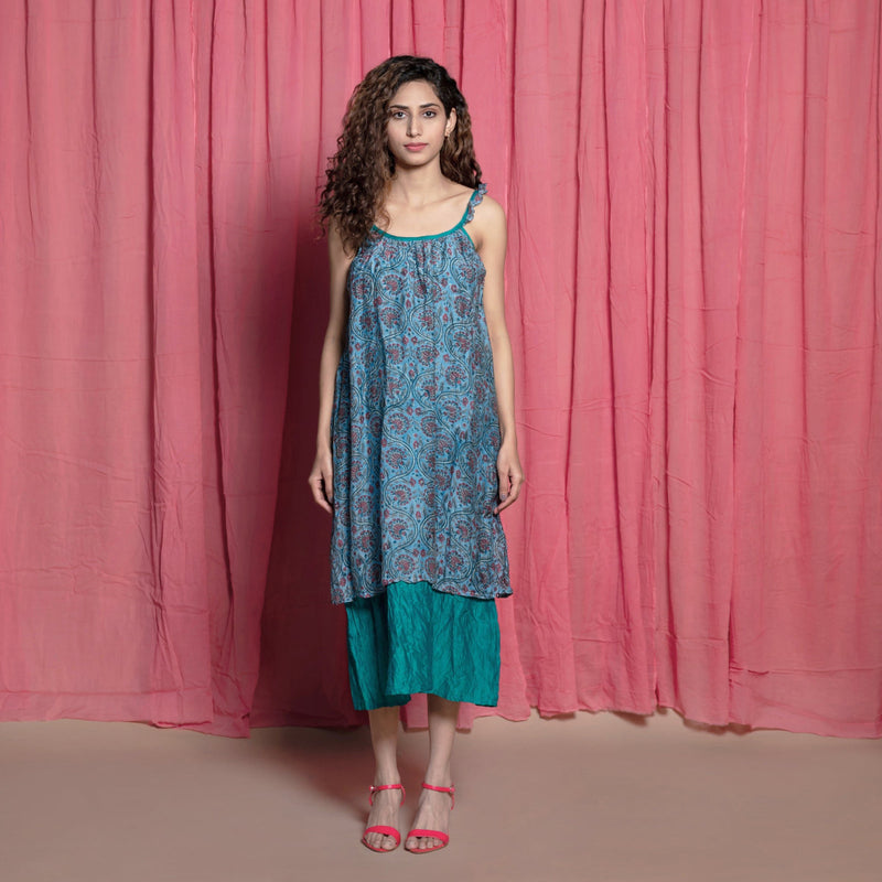 Front View of a Model wearing Teal Chanderi Block Print Tent Dress