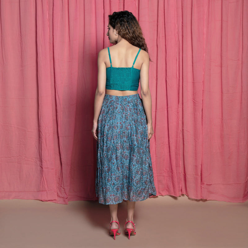Back View of a Model wearing Teal Chanderi Cotton Block Printed Midi Skirt