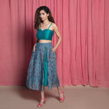 Left View of a Model wearing Teal Chanderi Cotton Block Printed Midi Skirt