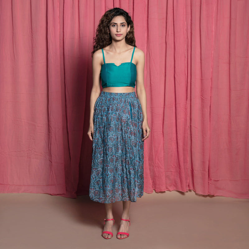 Front View of a Model wearing Teal Chanderi Cotton Block Printed Midi Skirt