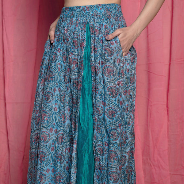 Front Detail of a Model wearing Teal Chanderi Cotton Block Printed Midi Skirt