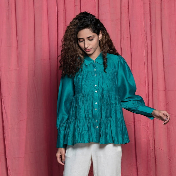 Front View of a Model wearing Teal Cotton Chanderi Balloon Sleeves Tier Top