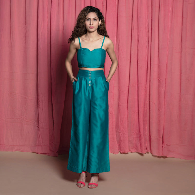 Front View of a Model wearing Teal Chanderi Crop Top and Pant Set