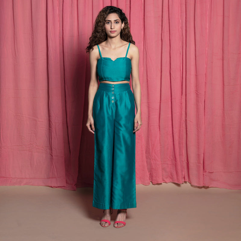 Front View of a Model wearing Teal Chanderi Crop Top and Pant Set