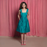 Front View of a Model wearing Teal Chanderi Strappy Fit and Flare Dress