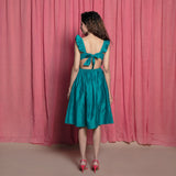 Back View of a Model wearing Teal Chanderi Strappy Fit and Flare Dress