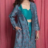 Front Detail of a Model wearing Teal Hand Block Printed Chanderi Overlay