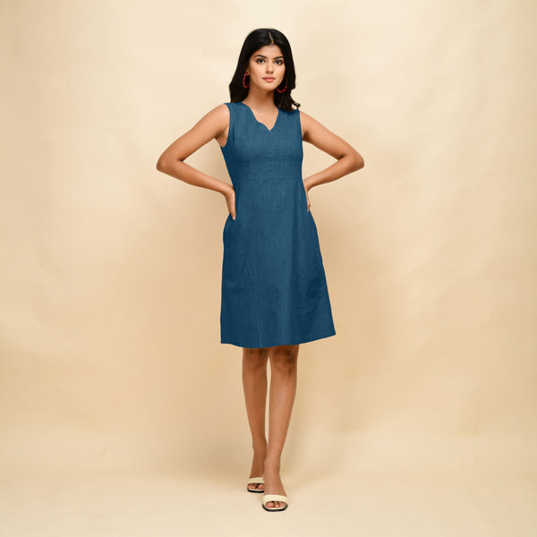 Front View of a Model wearing Teal Cotton Slim Fit Short Dress