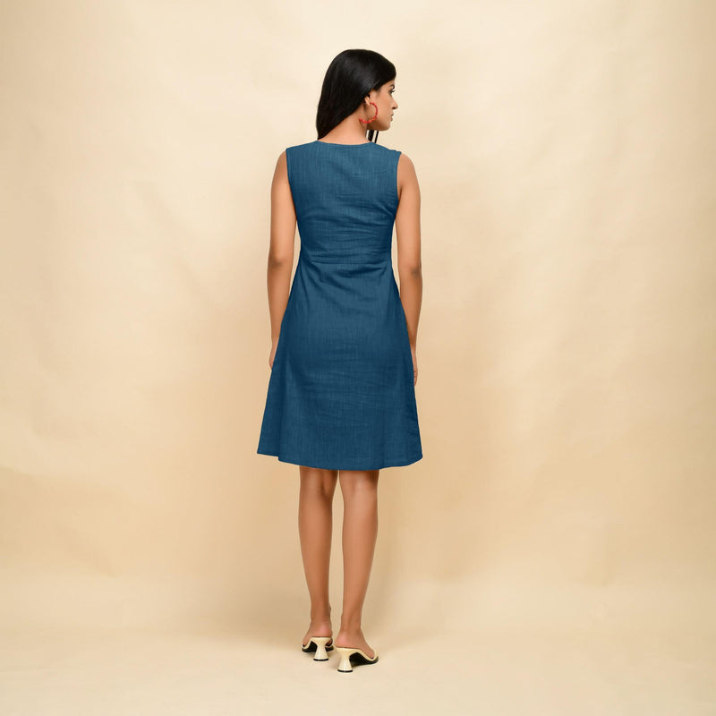 Back View of a Model wearing Teal Cotton Slim Fit Short Dress
